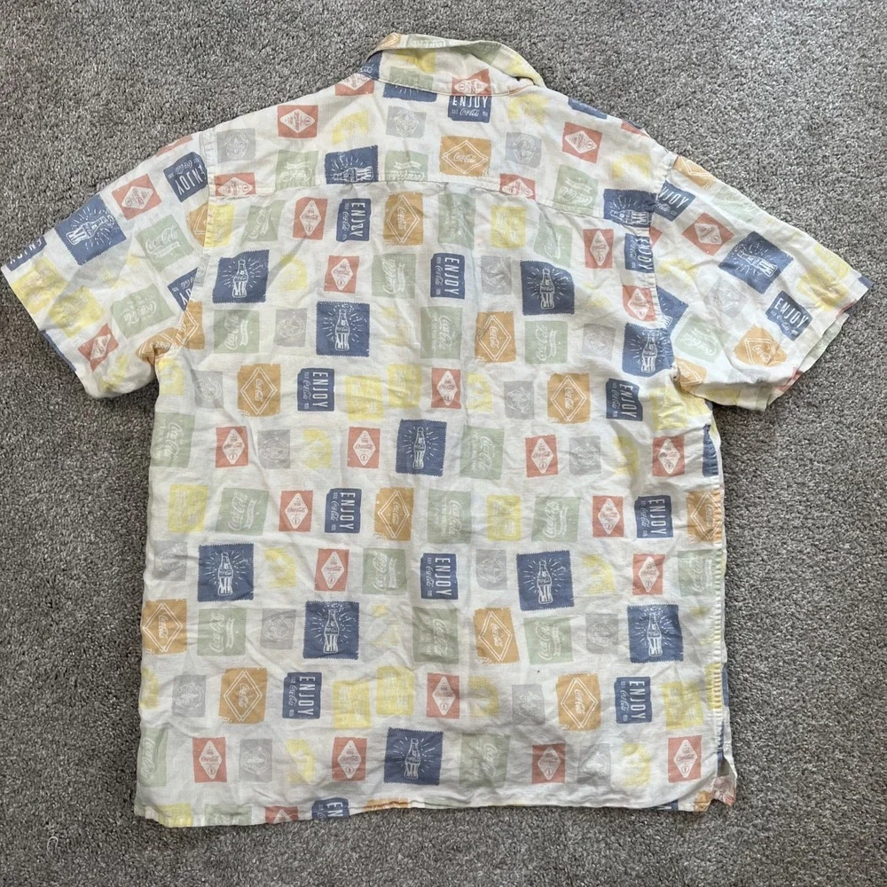 Lucky Brand Coca-Cola Shirt L Linen Button Front Short Sleeve Logo Print Allover - Picture 8 of 9